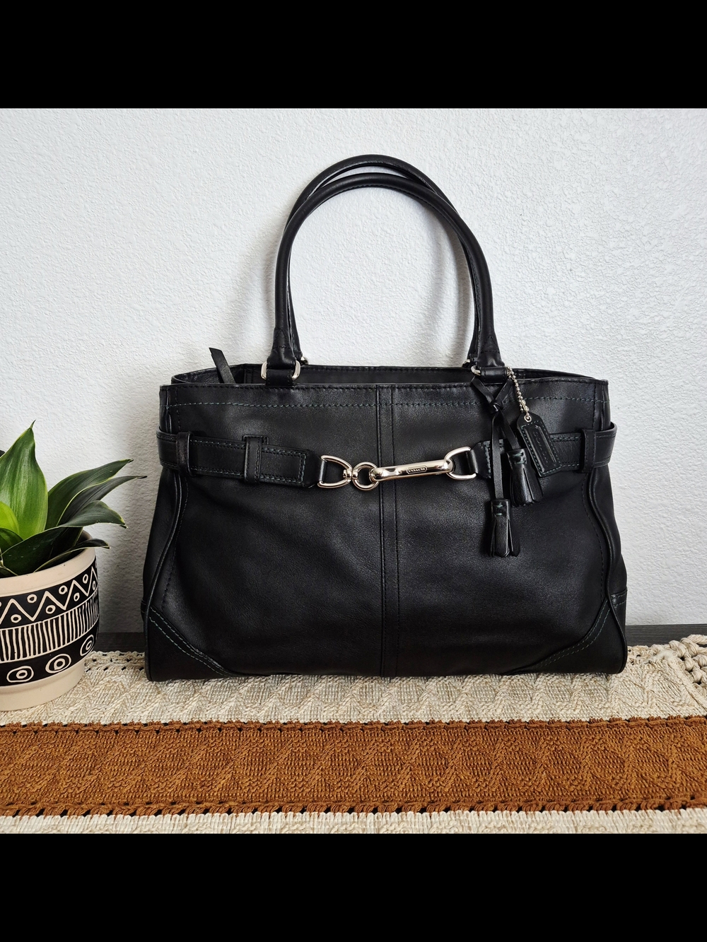 Vintage Y2K Coach Hamptons Black Leather Satchel Tote with RARE Green Stitch